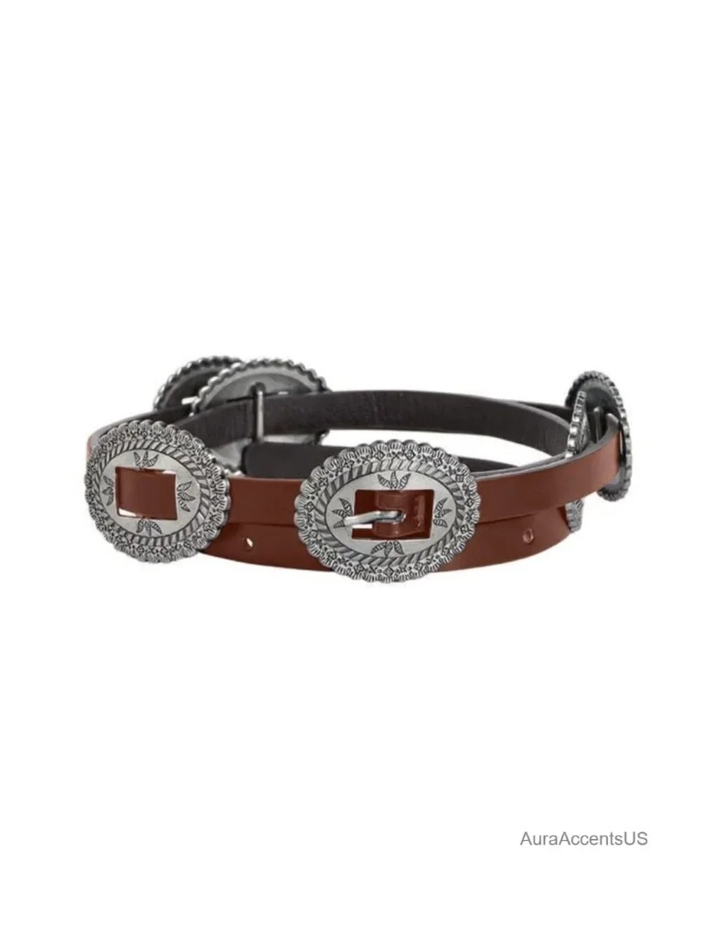 Faux Leather Western Skinny Belt Silver Conchos Cowgirl Country